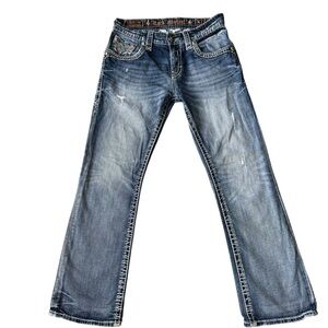 Rock Revival Jeans Mens 31 Blue Lamont Boot Cut Distressed Contrast Stitch
